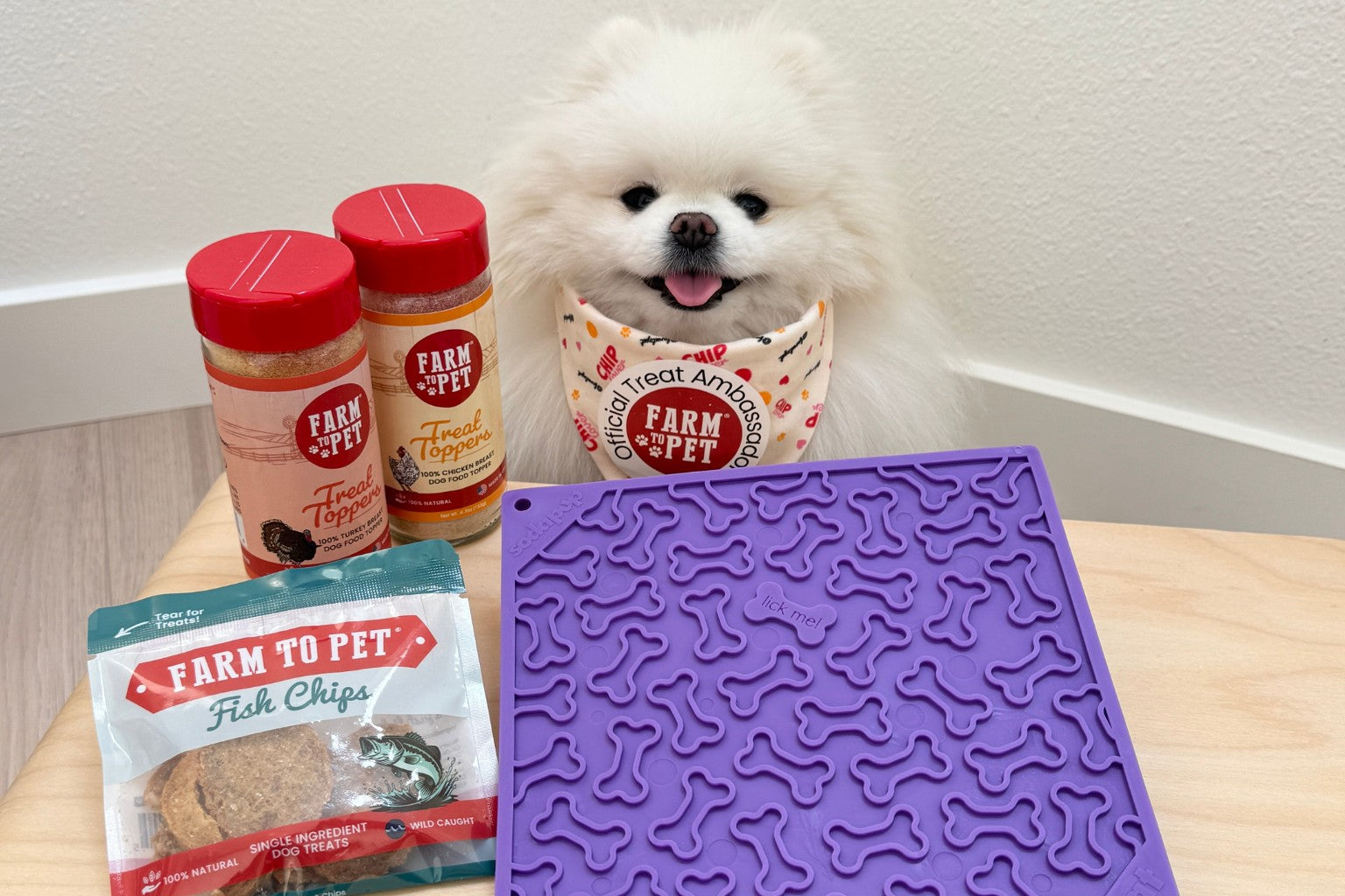 White fluffy small dog surrounded by Farm to Pet dog treats, food toppers and lick mat
