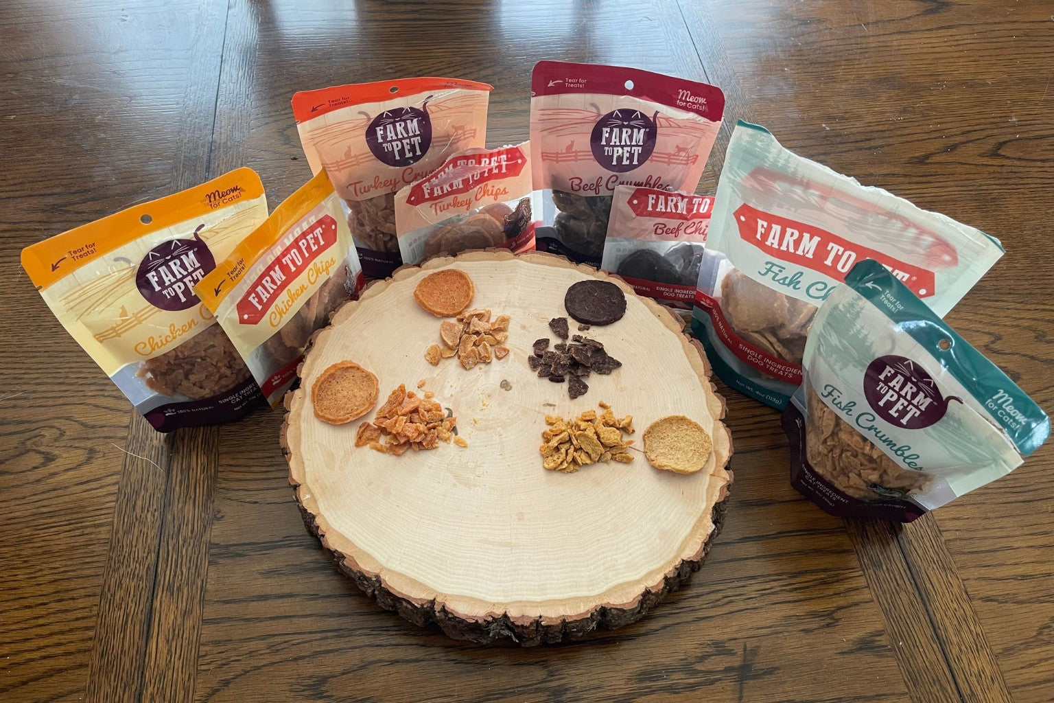A round plate with four protein varieties of Farm to Pet pet treats - chicken, turkey, beef and fish.