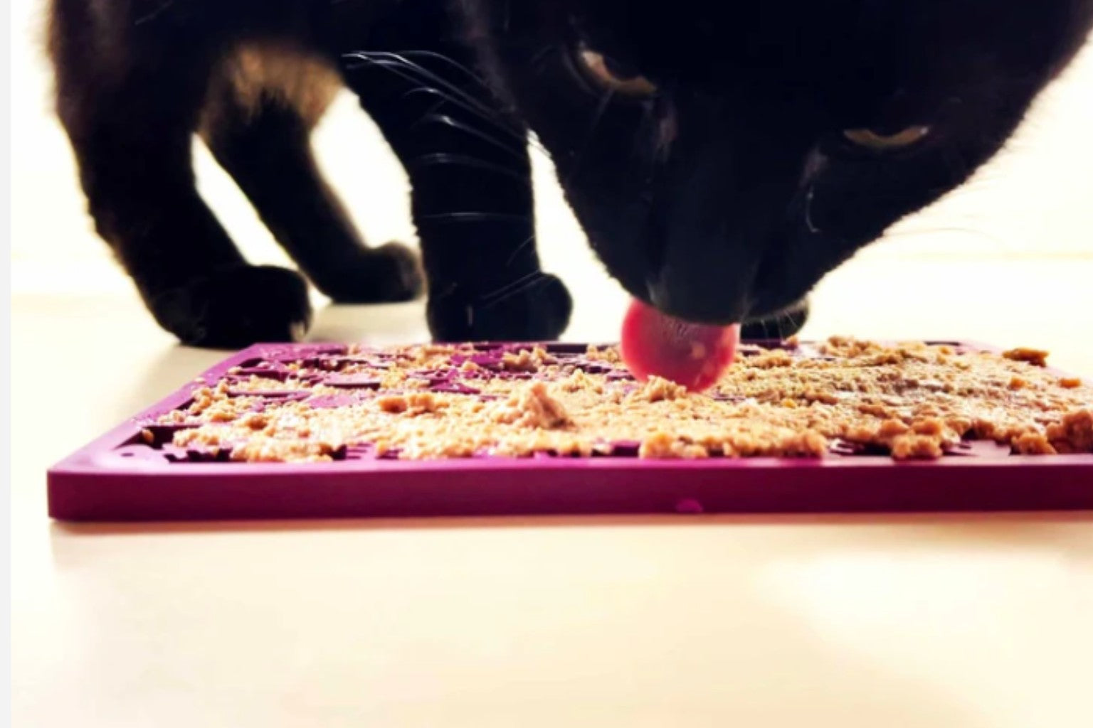 Black cat licking cat treats and food toppers of a lick mat.