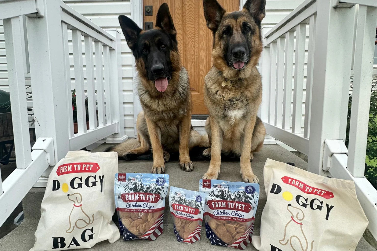two German Shepard dogs on a porch with Farm to Pet tote bags and treats on the step in front of them
