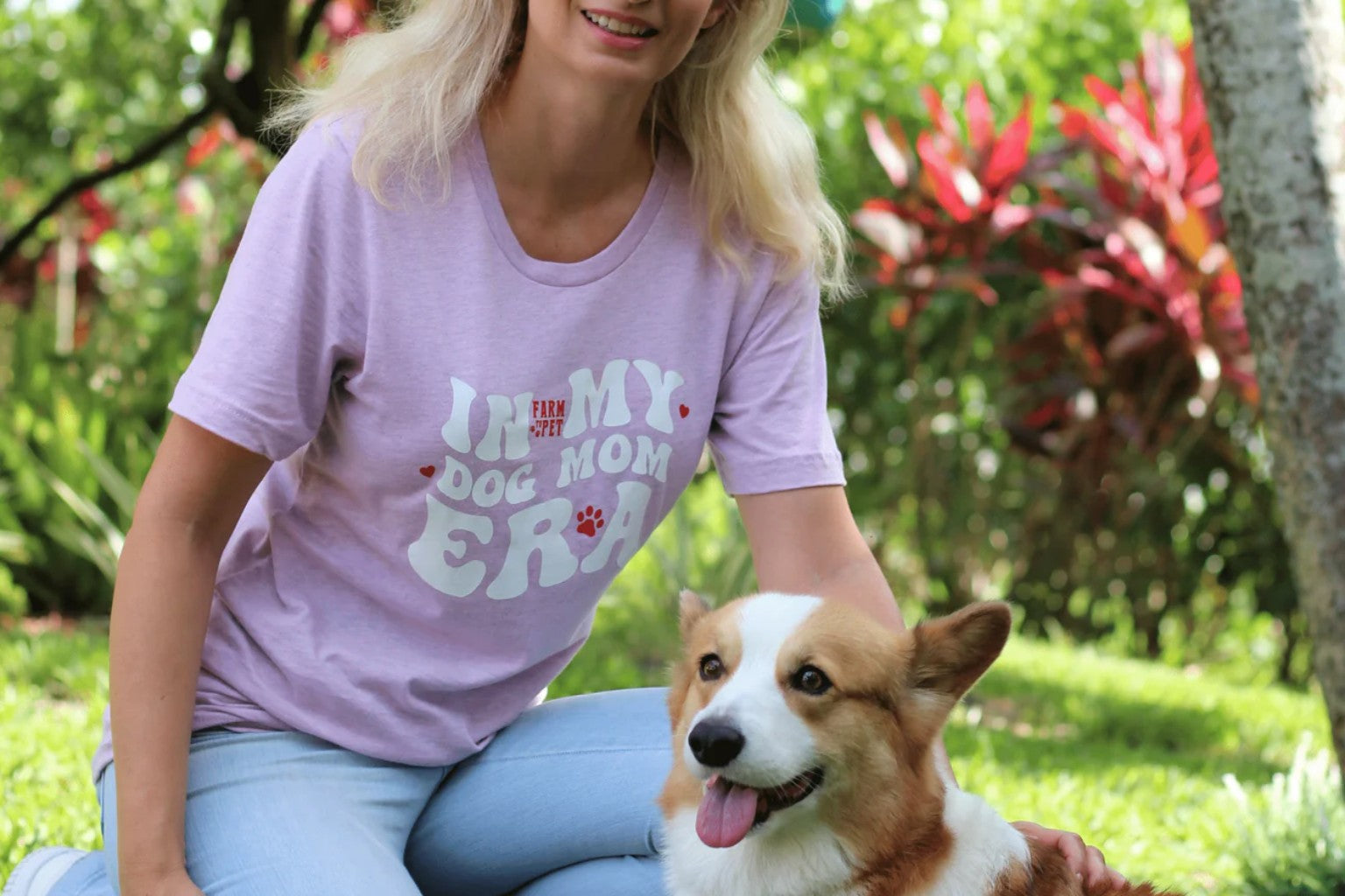 blonde woman in a Farm to Pet t-shirt that says