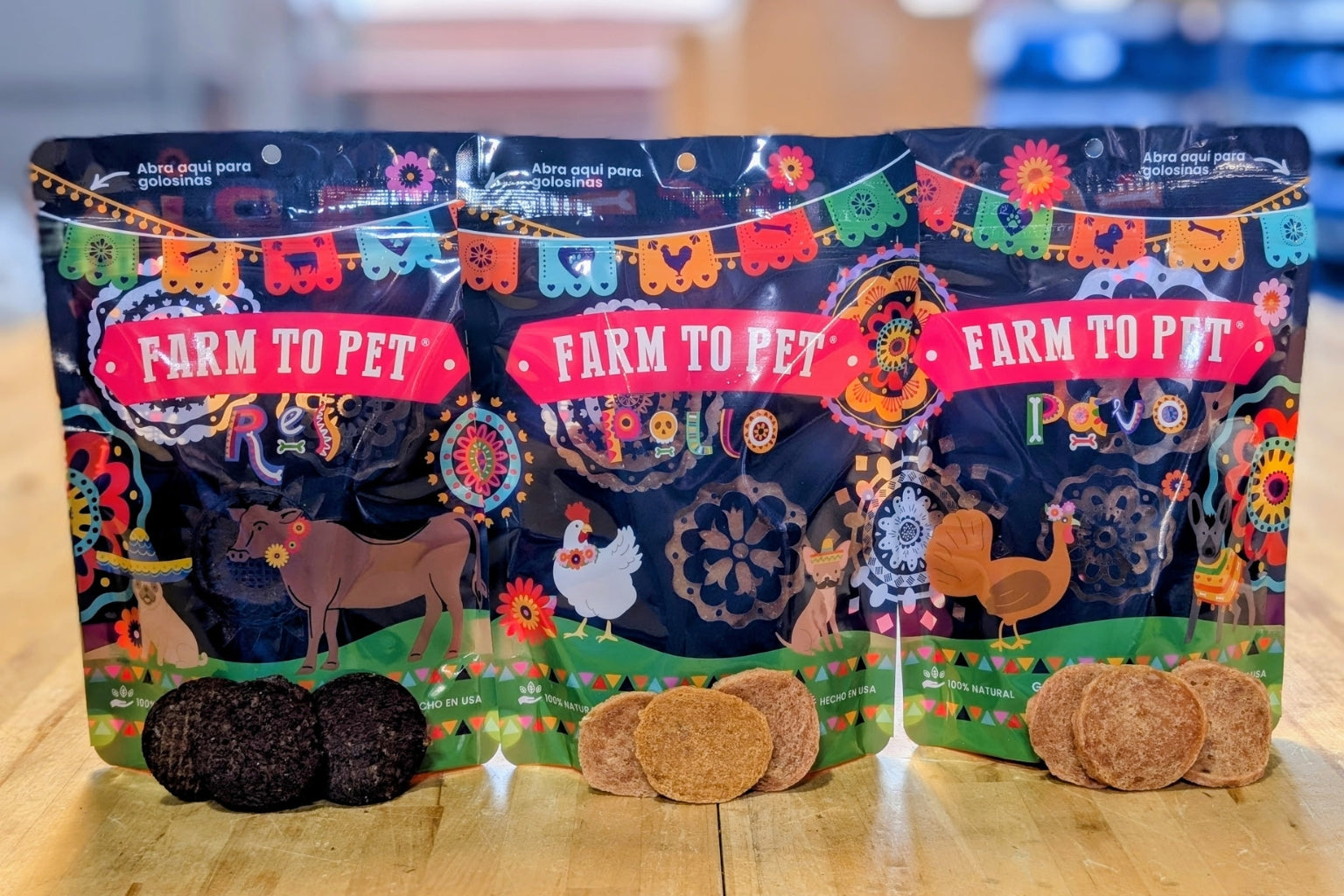 The Fiesta Pack consists of three bags of Farm to Pet’s all-natural single-ingredient treats decorated in a Latin-themed motif that form a fun and colorful “mural” when placed side by side. 