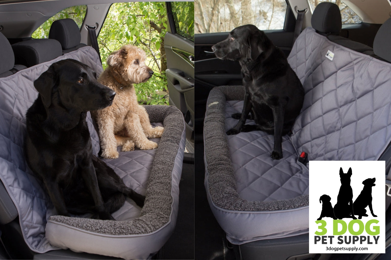black dog and brown dog sitting on a car backseat protector