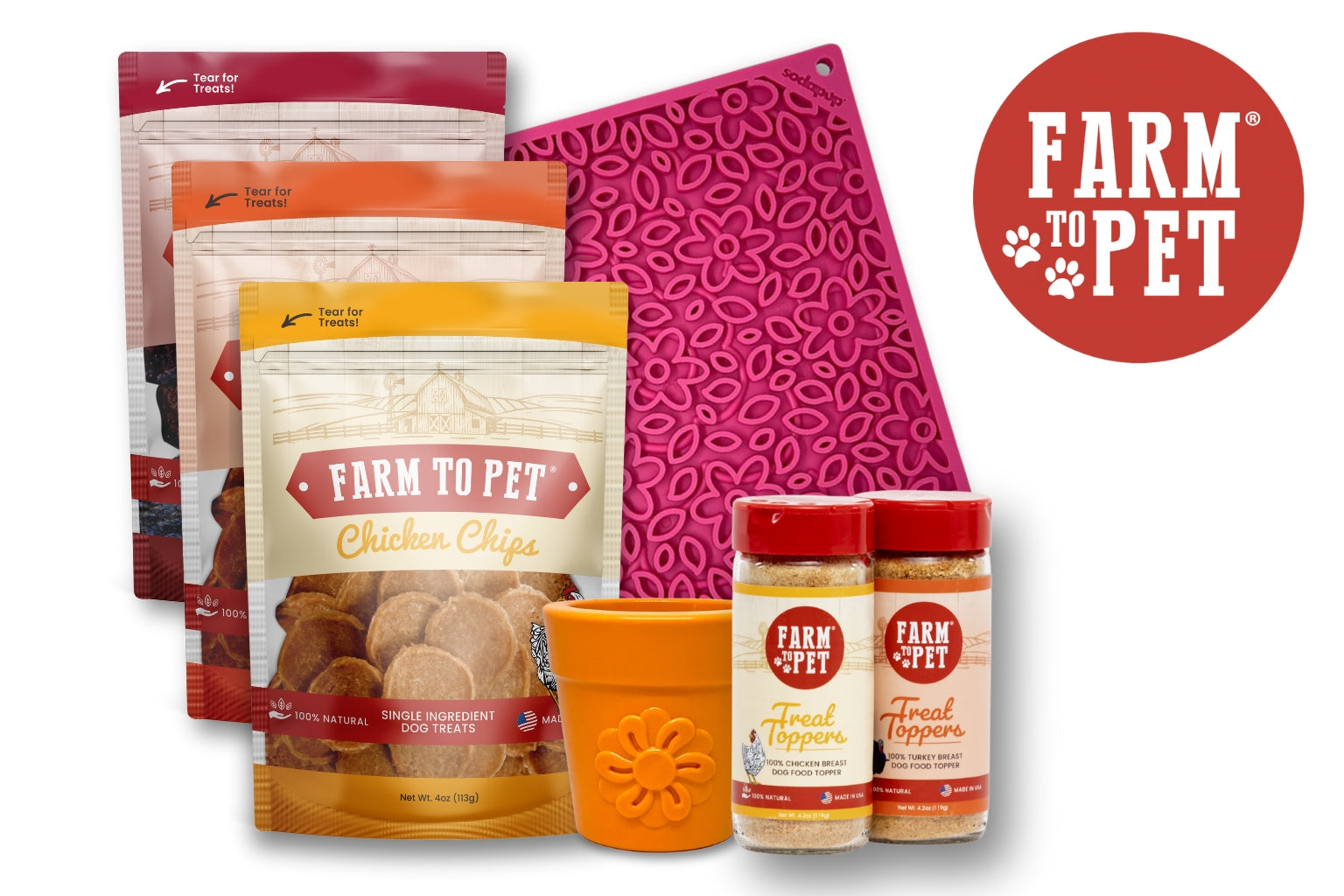 farm to pet dog treats and dog food toppers with a slow feeder and treat dispenser with flower designs