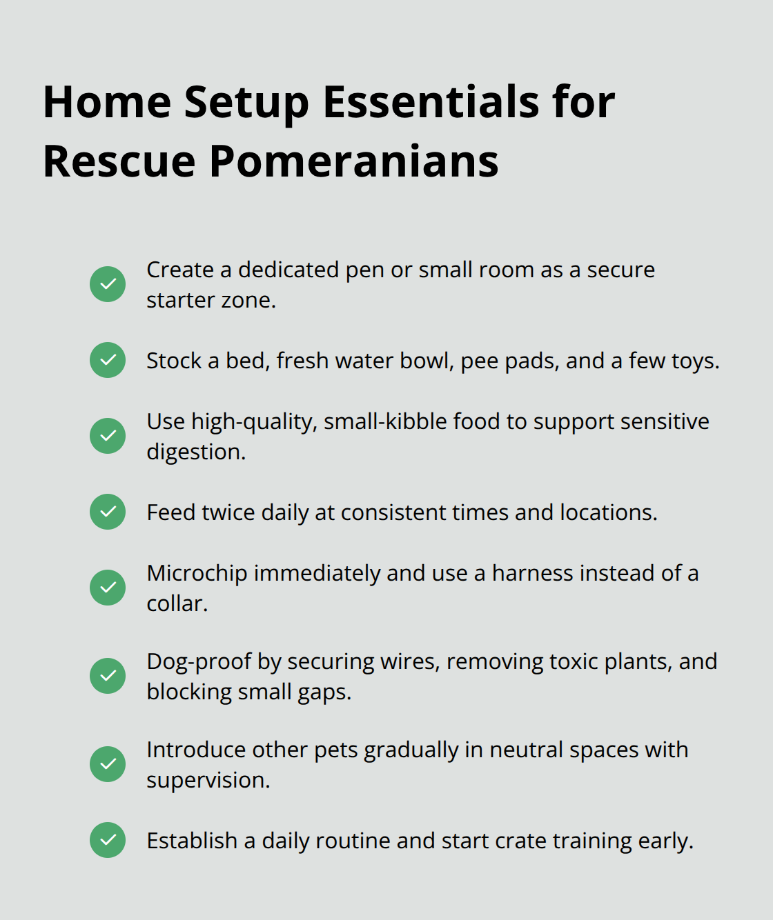 Checkmark list of supplies and setup steps for bringing home a rescue Pomeranian puppy