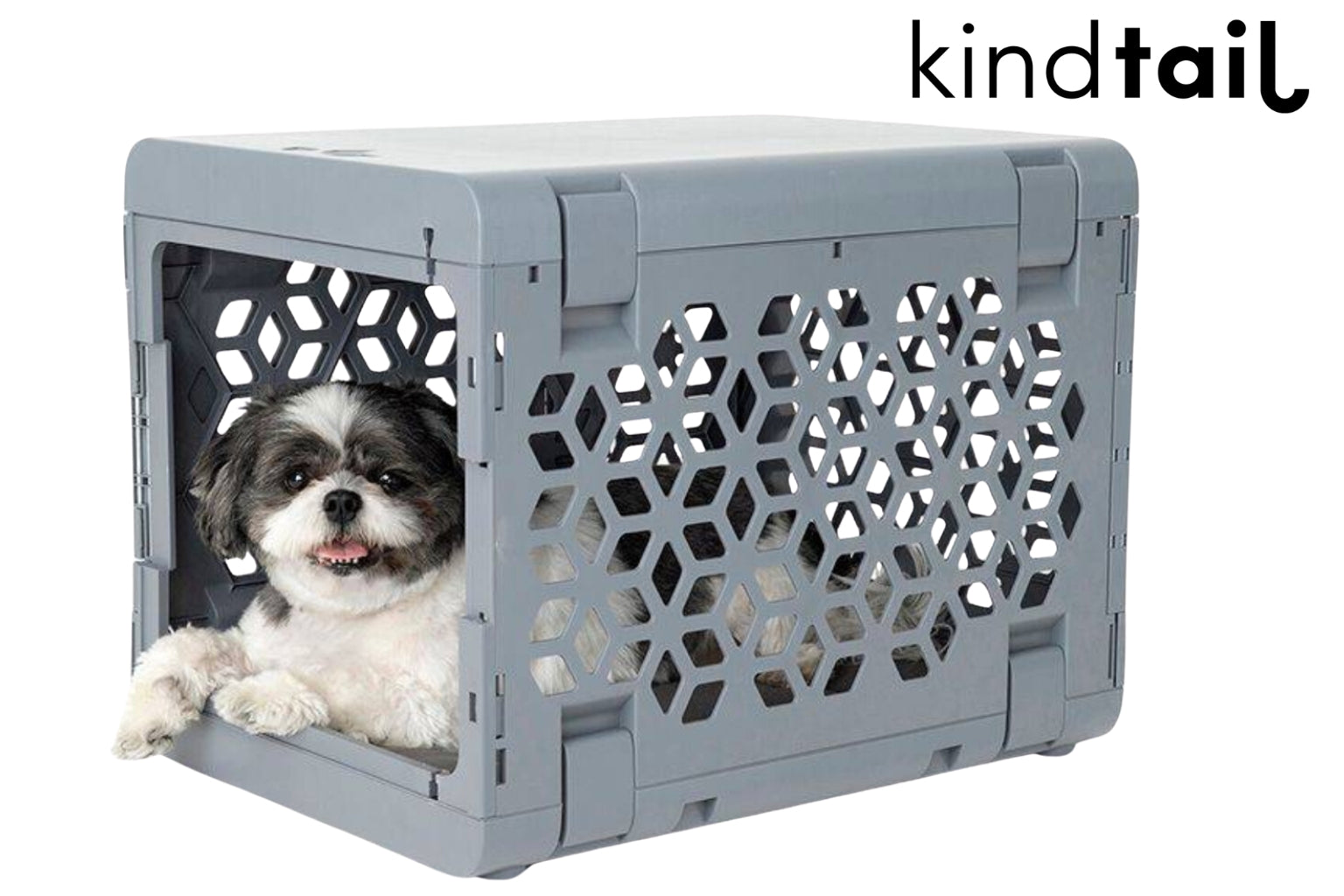 White and grey dog sitting in a grey crate by Kindtail
