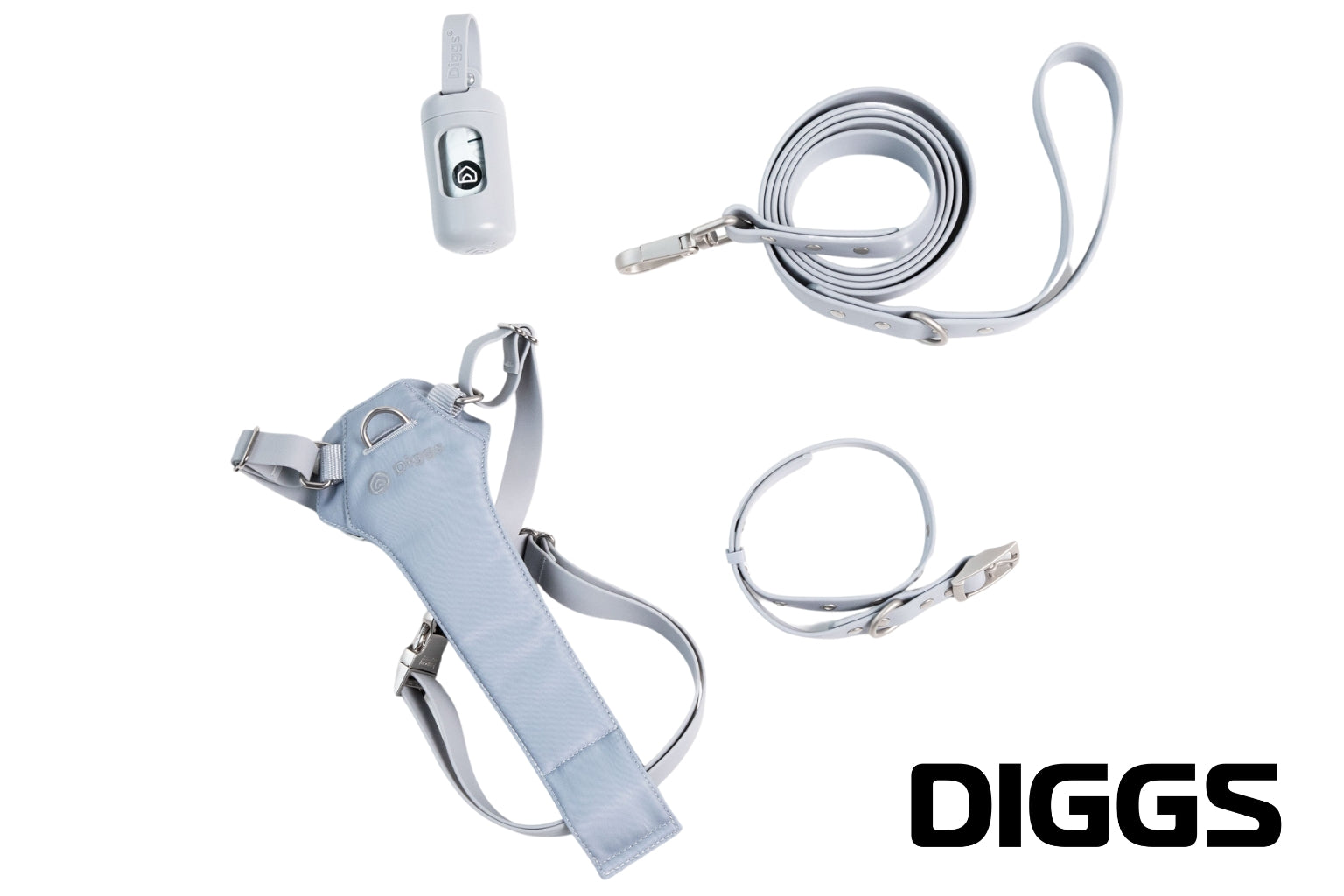 Light grey harness, leash and waste bag dispenser set by Diggs