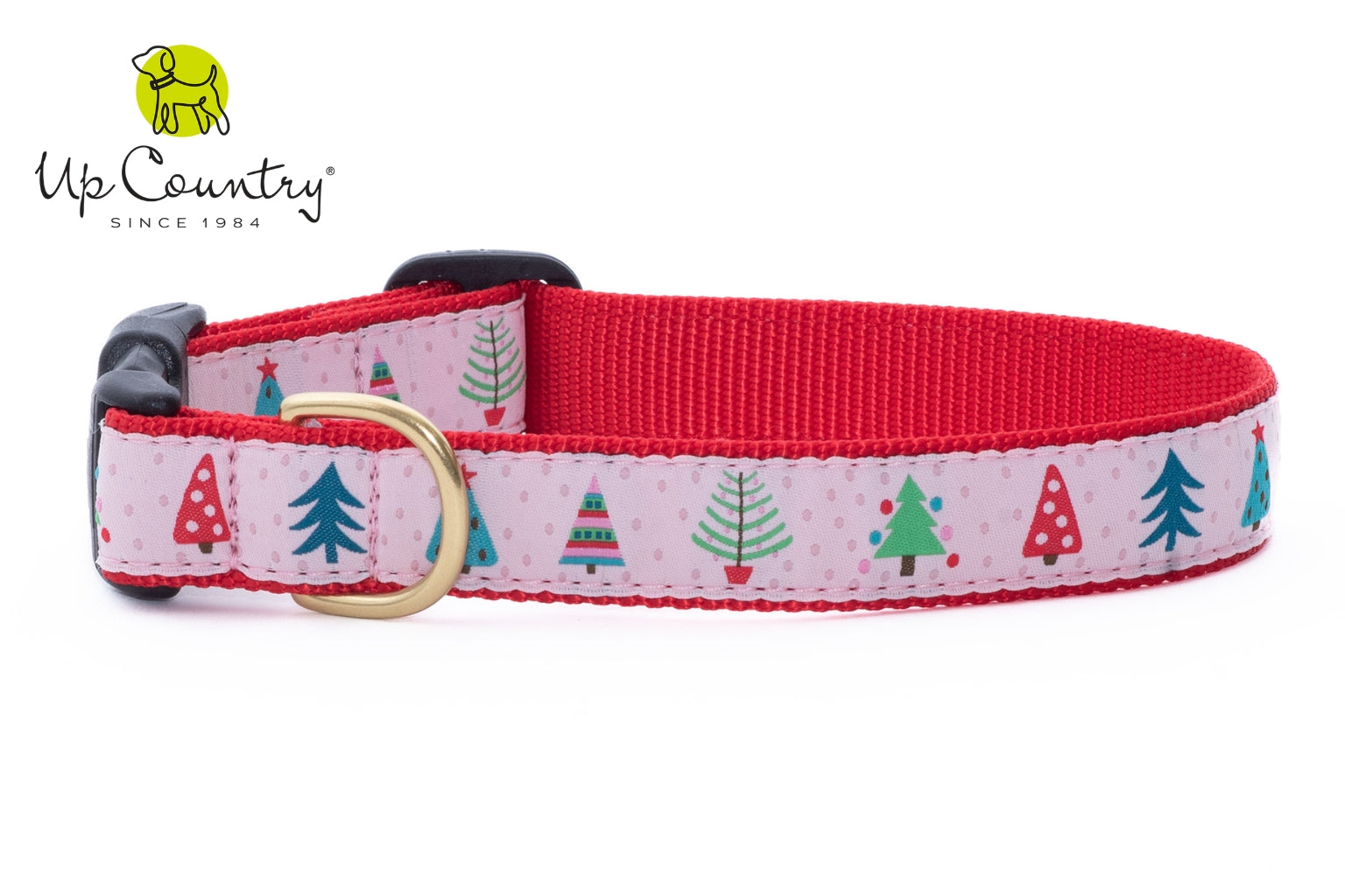 Pink pet collar with multi colored Christmas tree designs