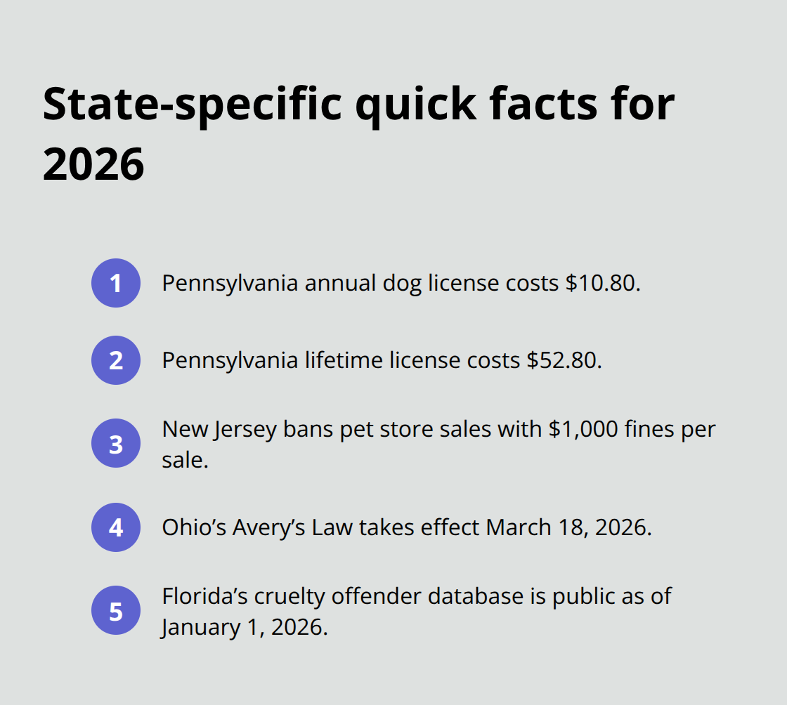 Snapshot of key 2026 dog law facts by state in the United States