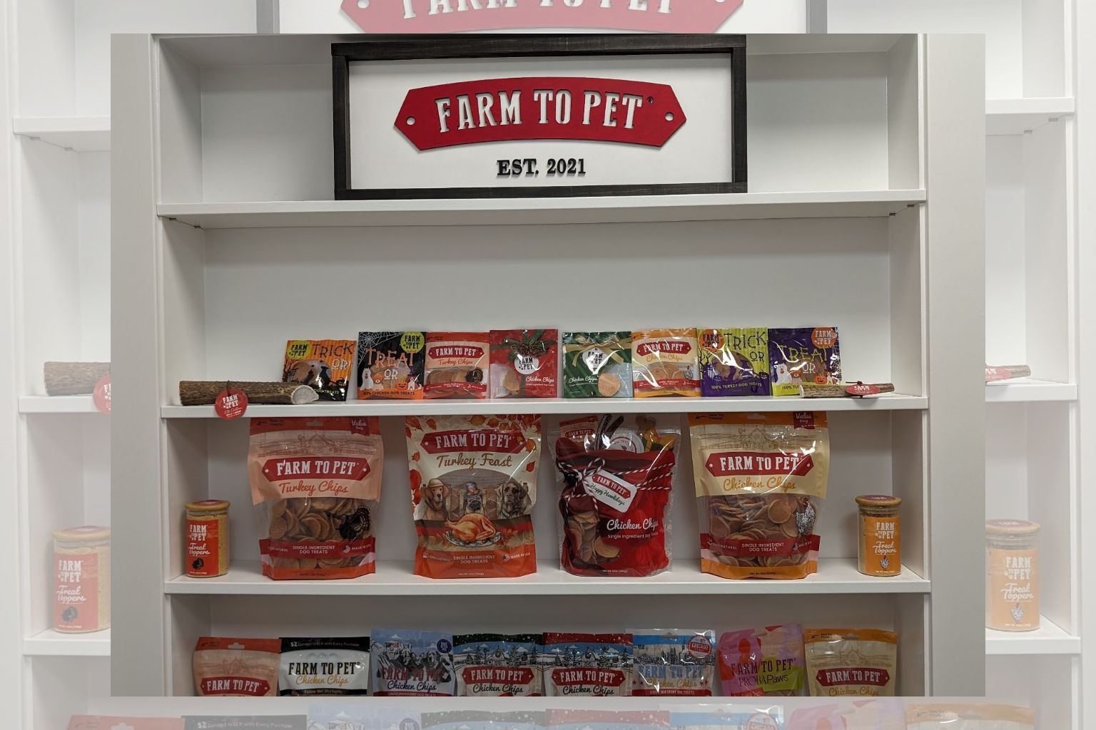 shelves of Farm to Pet products